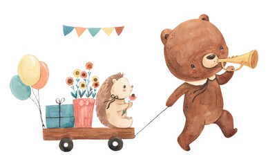 Watercolor bear and hedgehog illustration for kids