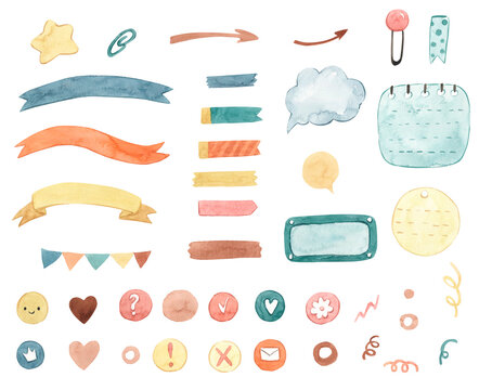 Watercolor task planner, paper sticky notes, banners,  memo message, notepad, colorful. Illustration for kids