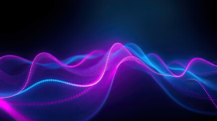 Colorful sound waves flow gracefully across the dark background showcasing vibrant hues of pink and blue creating an abstract interpretation of music and sound