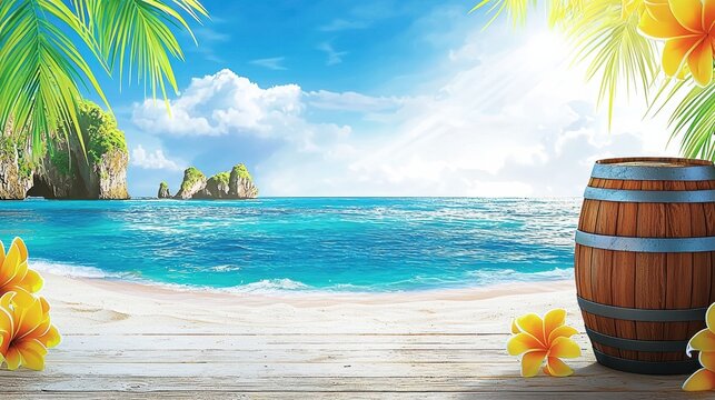 Relaxing beach scene with tropical elements coastal paradise digital art vibrant colors scenic viewpoint - Powered by Adobe