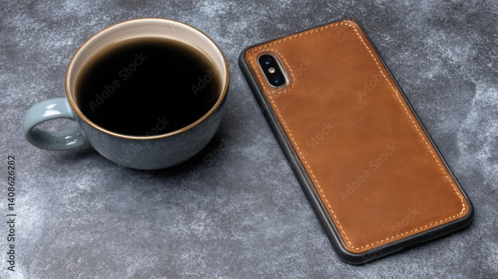 Poster coffee cup and leather case on table while digital wallet syncs with ai dashboard for financial mana