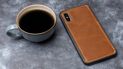 Coffee cup and leather case on table while digital wallet syncs with ai dashboard for financial management