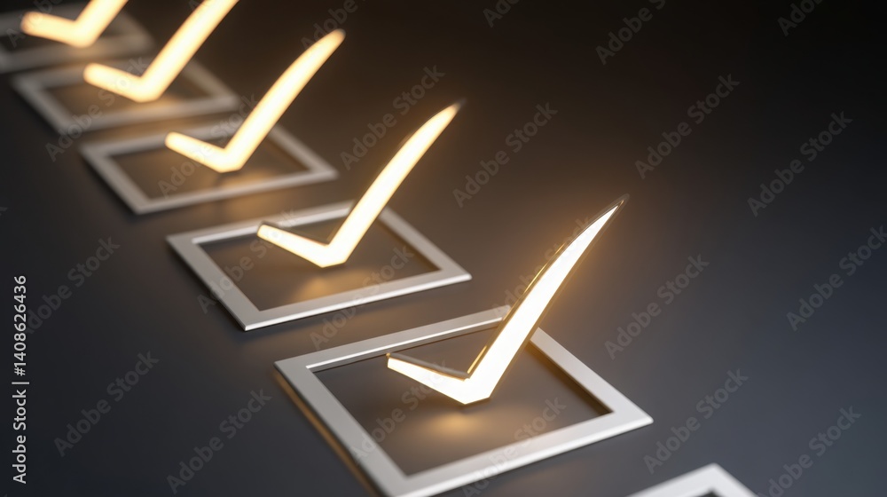 Poster row of arrows glowing with checklist items floating in dynamic flow illustrating progress and task m