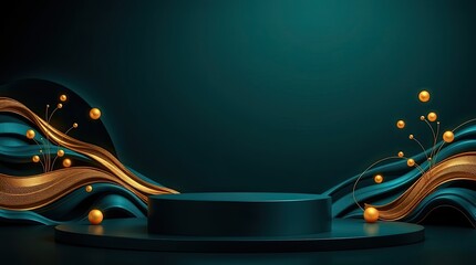 This setting features a circular podium surrounded by elegant golden spheres and flowing blue waves creating a stylish backdrop for presentations or events