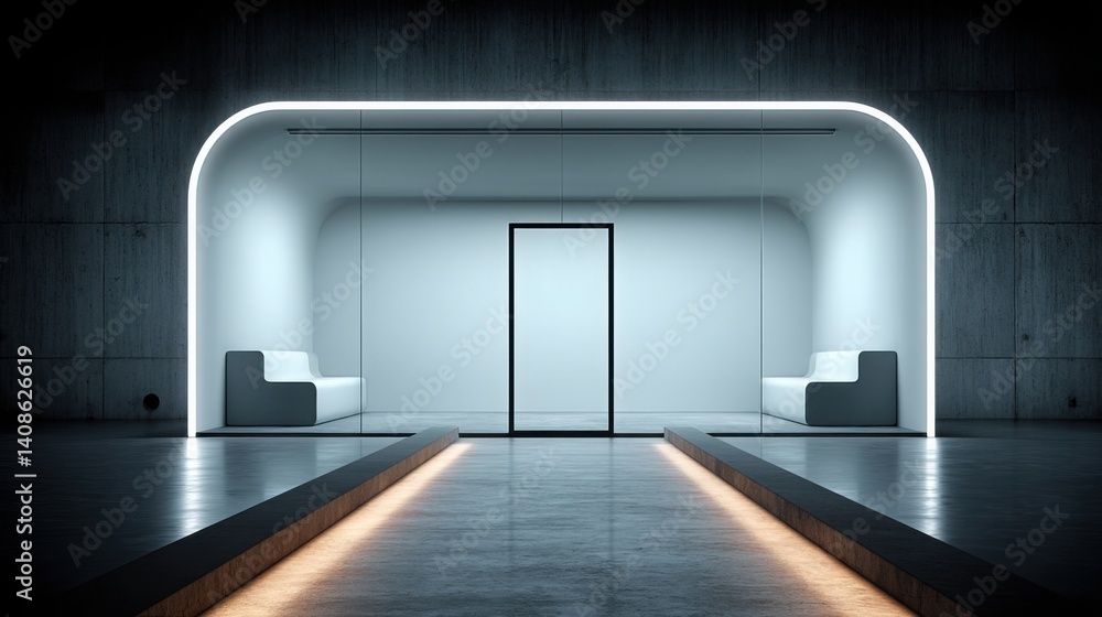 Poster a room with a long bench and a glowing glass tunnel representing seamless transactions and connectiv