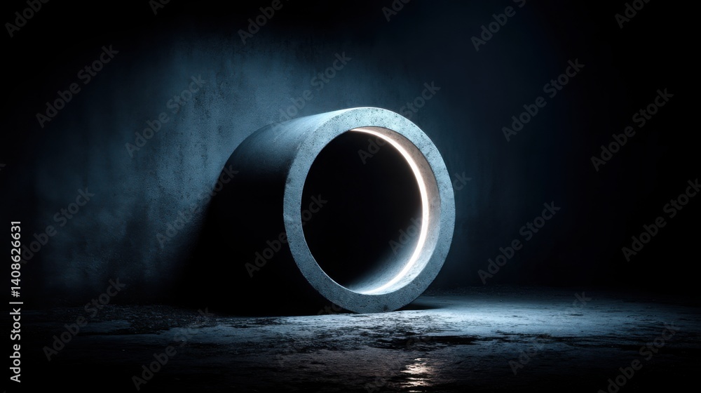 Poster a circular object in a dark room illuminated by a glowing glass tunnel representing seamless transac