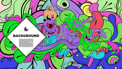 Playful Cartoon Monster Character with Tentacles, Eyes, Feathers, and Leaves – Fun Fantasy Wallpaper Design