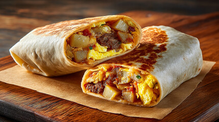 Breakfast burrito cut open, filled with eggs and potatoes