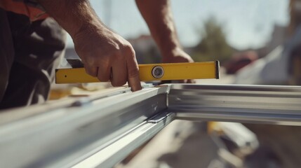 A construction worker using a level to align a metal frame. Featuring accuracy and technique