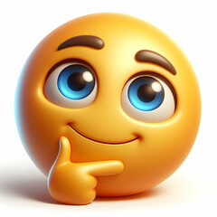 A glossy, 3D-style cartoon emoji with a yellow-orange face, expressive blue eyes, and a thoughtful expression. The emoji is smiling subtly with one eyebrow raised and one hand resting on its chin in .