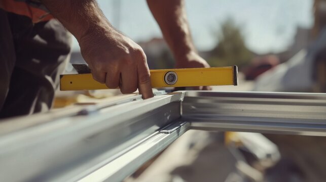 A construction worker using a level to align a metal frame. Featuring accuracy and technique