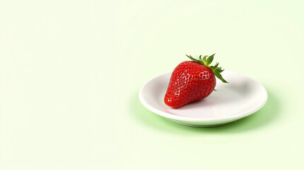 A white ceramic plate with a single strawberry placed on a pastel green background