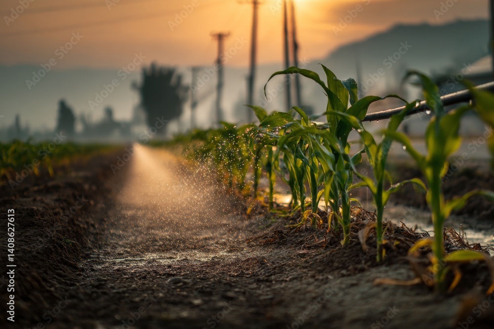 Poster development of a landfill progresses at a quarry while an irrigation system waters corn sprouts unde