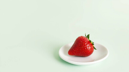 A white ceramic plate with a single strawberry placed on a pastel green background