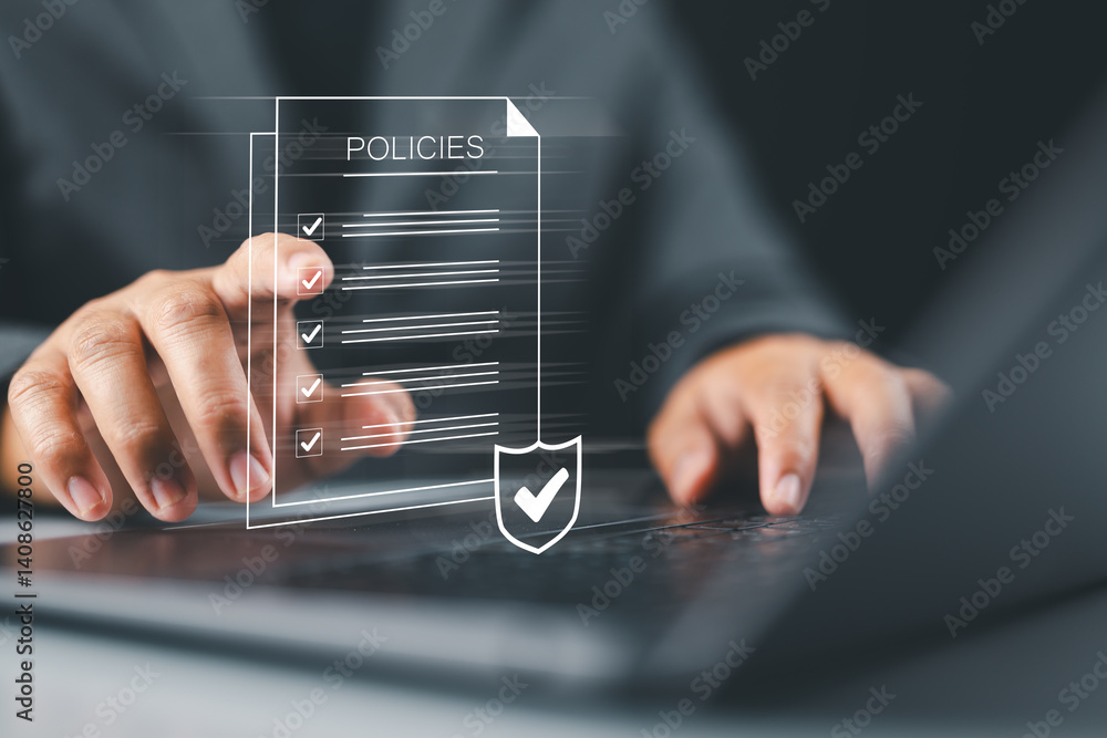 Aufkleber Businessman checking a virtual online document with a list of checkboxes Concepts of practices and policies, company articles of association Terms and Conditions, corporate documents