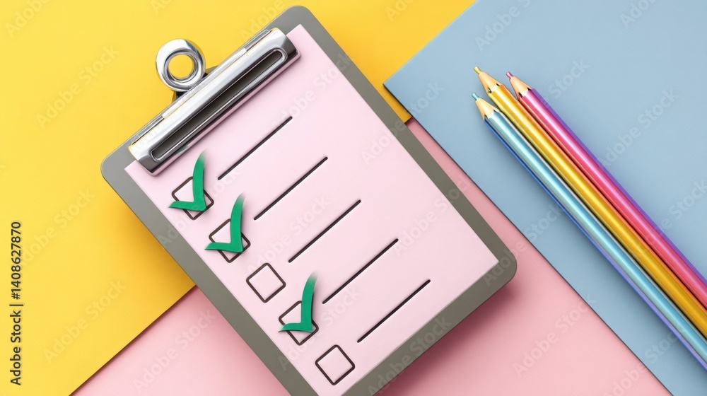 Poster holographic clipboard with a checklist displaying clear green check marks on a soft pastel backgroun