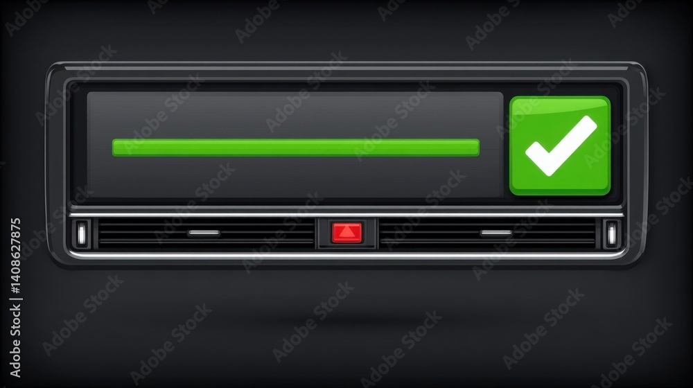 Poster green approval button on a black background illuminating a holographic dashboard indicating positive