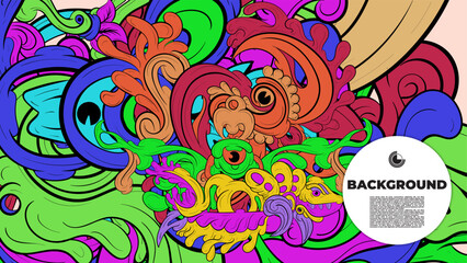 Playful Cartoon Monster Character with Tentacles, Eyes, Feathers, and Leaves &ndash; Fun Fantasy Wallpaper Design