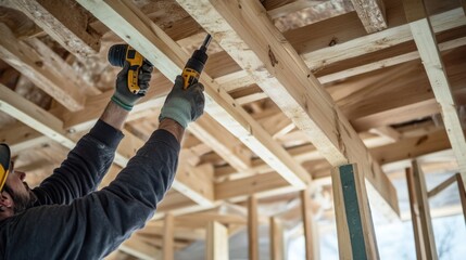 Fototapeta premium Carpenter installing wooden beams for ceiling frame. Featuring technique and craftsmanship