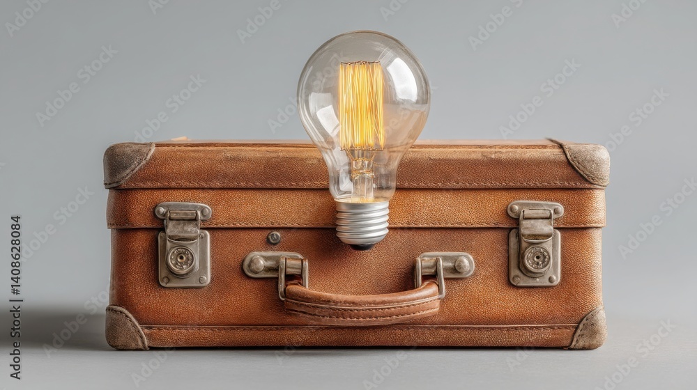Poster light bulb placed on top of a suitcase symbolizing innovative ideas and travel concepts in a creativ