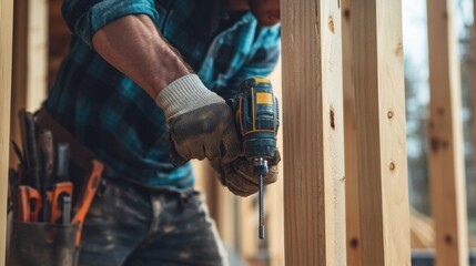 A construction worker using a power drill on wooden framing. Featuring craftsmanship and precision