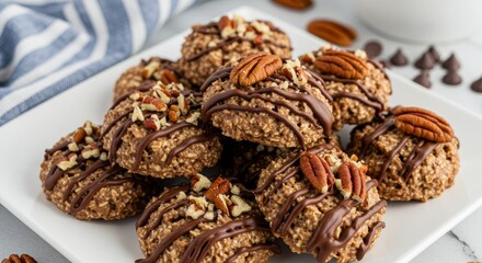 Obraz premium Top-Down Close-Up: Delicious No-Bake Cookies with Chocolate and Pecan Delights