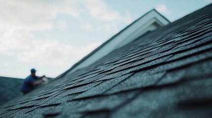 Roof installer securing shingles on a steep roof. Featuring craftsmanship and safety