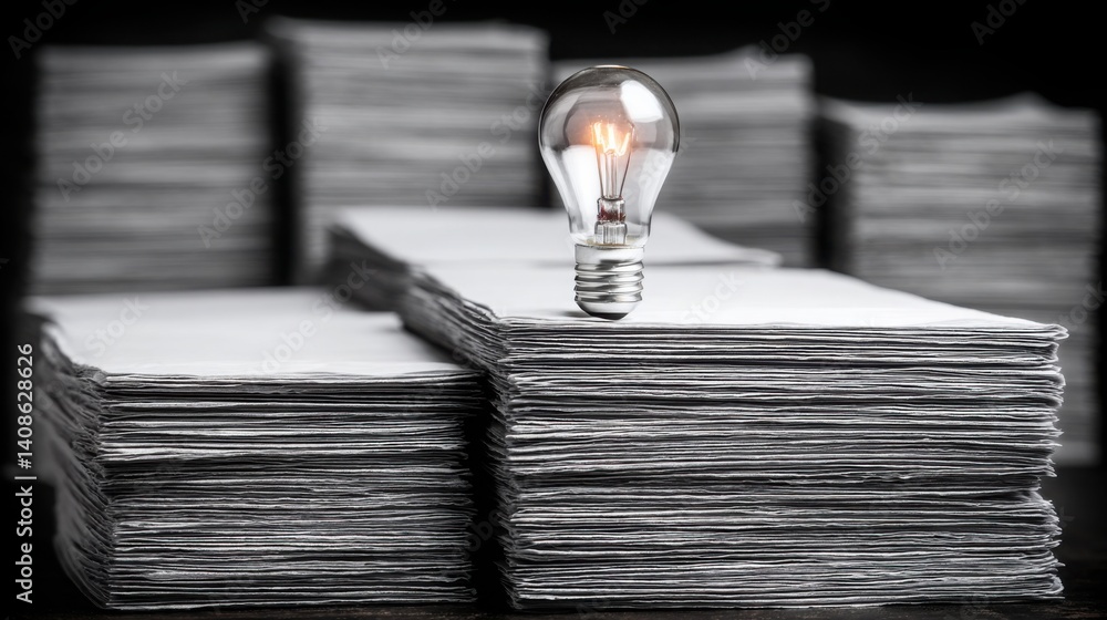 Poster lightbulb positioned on top of a stack of layered contract papers signifying business ideas and crea