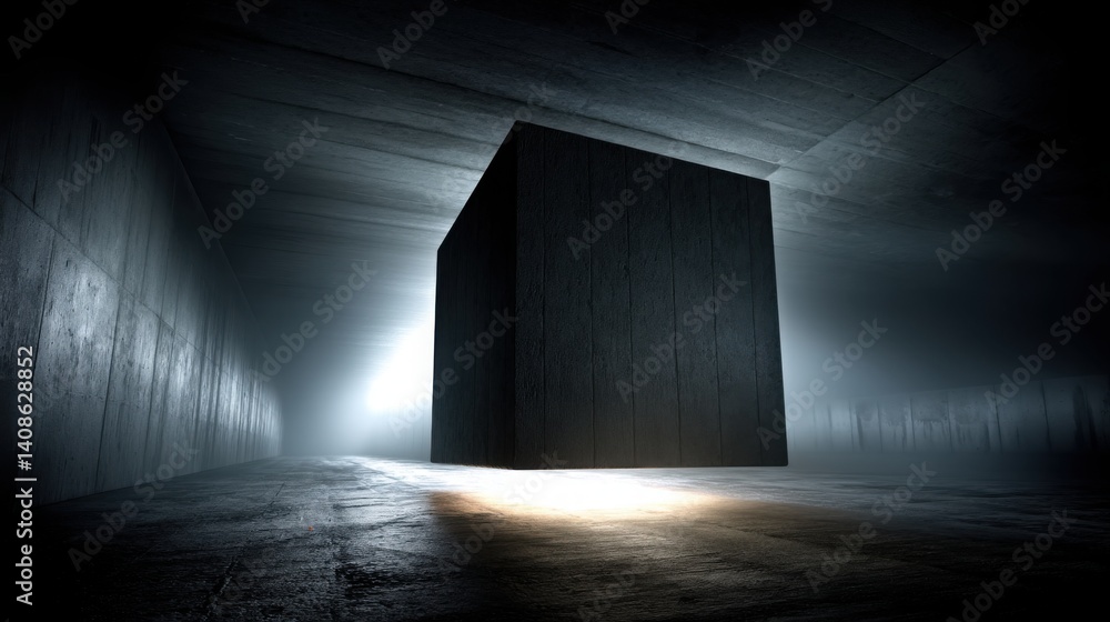 Poster mysterious dark room with a bright light streaming through the doorway creating a dramatic and intri