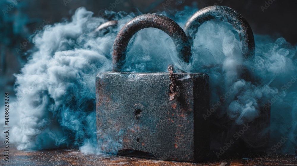 Poster glowing padlock surrounded by ethereal smoke creating a mysterious and intriguing atmosphere of secu