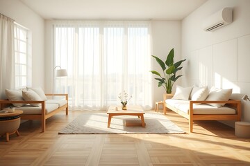 Fototapeta premium Modern minimalist living room interior design ideas with wood furniture and bright white color palette