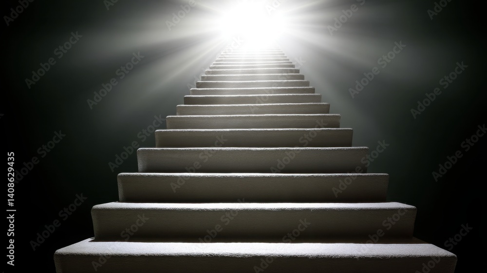 Poster stairway leading towards bright light surrounded by soft mist representing the path to enlightenment