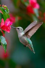 A swift hummingbird rapidly hovering near a flower, seemingly stealing nectar - macro shadow sunlight green close-up