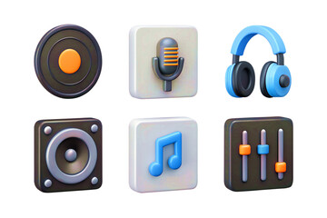 Music 3d icon set. Equipment for listening and recording sound. phonograph record, microphone, headphones, speaker, equalizer, music notes. Isolated icons, objects on a transparent background 