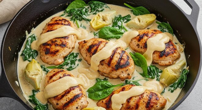 Delicious creamy Tuscan chicken skillet with artichoke hearts and spinach perfection