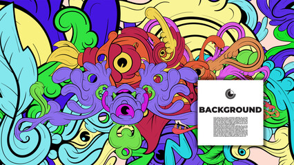 Playful Cartoon Monster Character with Tentacles, Eyes, Feathers, and Leaves – Fun Fantasy Wallpaper Design
