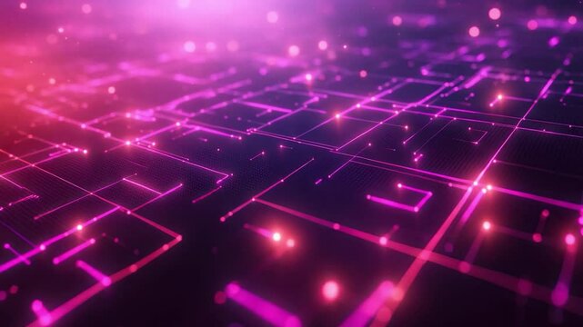 Vibrant Digital Landscape Glowing Lines and Nodes Create Futuristic Network in Abstract Shades of Pink and Purple, Evoking Technology and Innovation.