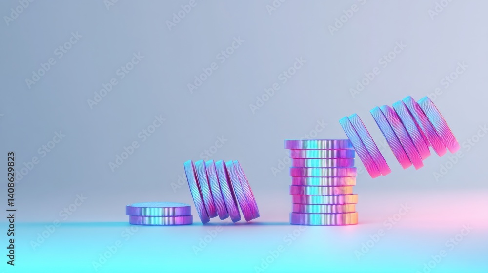 Poster a stack of coins rolling across a clean stage illuminated by neon lights creating a playful and exci