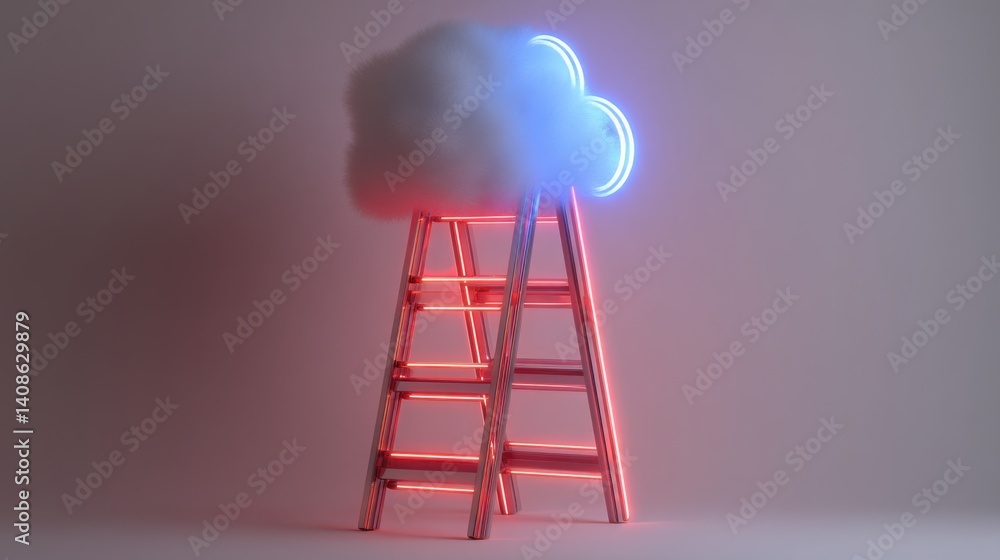 Poster a neon glowing ladder with a cloud resting on it creating a dreamy scene of imagination and surreal 