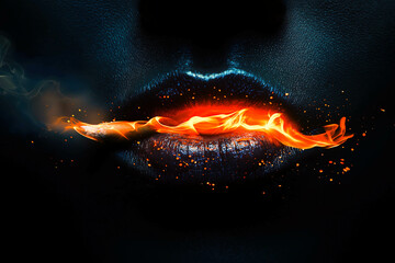 Close up of woman mouth is smoking cigarette, smoke and fire drifting around, black background. World No Smoking Day