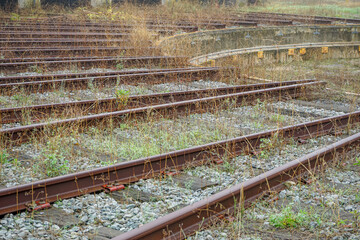 Train lines, in the background old train workshop, Barreiro city.