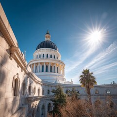Obraz premium Imposing capitol dome, sunlight gleaming off its white surface, intricate detailing visible - politics details government american structure