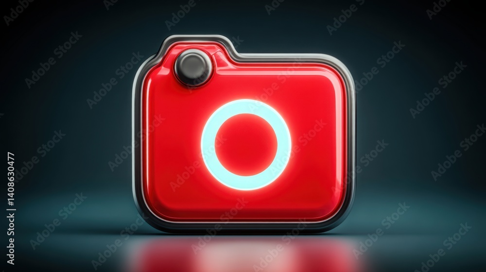 Poster red square button emitting a white light symbolizing notifications and alerts in an interactive digi