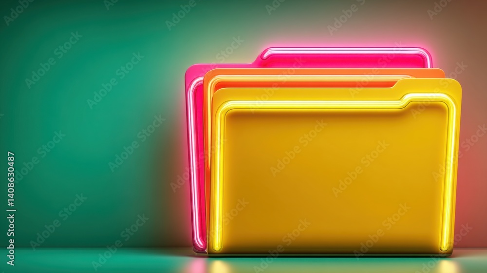 Poster neon folder radiating bright light representing notifications and digital alerts in a vibrant modern
