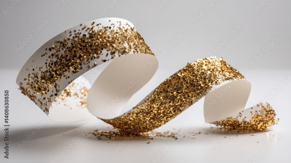 Poster a beautiful gold glitter ribbon unraveling from a paper scroll creating a sparkling effect of light 