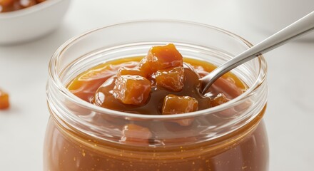 Decadent homemade caramel sauce with crystallized ginger in clear glass jar