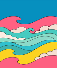 Vibrant illustration of wavy patterns in blue, pink, yellow, and teal colors, evoking a playful and energetic mood, perfect for creative designs, backgrounds, or modern graphic art
