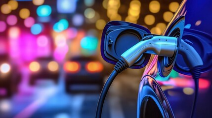 Electric vehicle charging at night urban street photography colorful bokeh close-up perspective sustainability focus