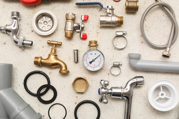 Fototapeta premium Set of plumber's items on white grunge background