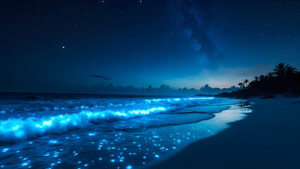 Starry Night Beach with Bioluminescent Waves